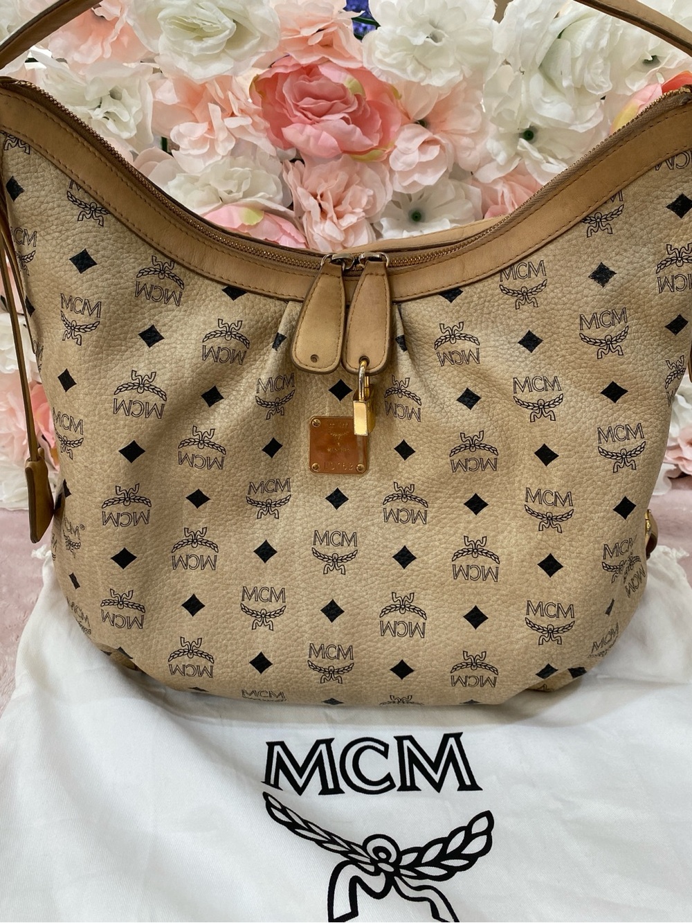 MCM Visetos Beige Logo Hobo Bag